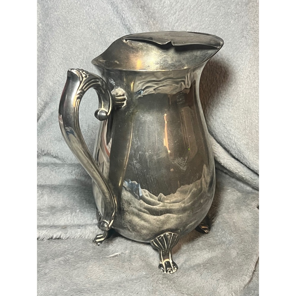 Vintage Silverplate Water Pitcher Ice Claw Feet Scroll Handle Footed Hong Kong